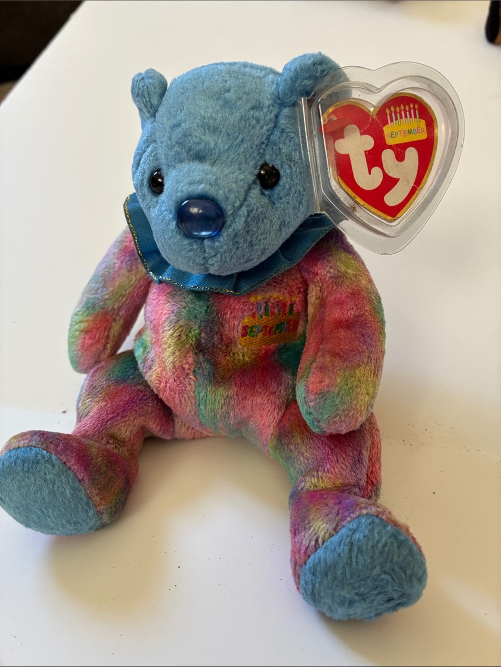 Ty Multicolor Beanie Baby Bear with Blue Head and September birthday